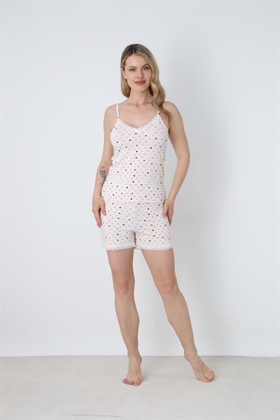 Kadın Kalp Desenli Dantel Detay İp Askılı Şort Takım | Ekru 50115-1442