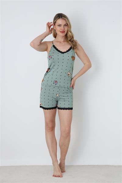 Kadın Puantiyeli Hayvan Figürlü İp Askı Şort Takım | Yeşil 50115-1675