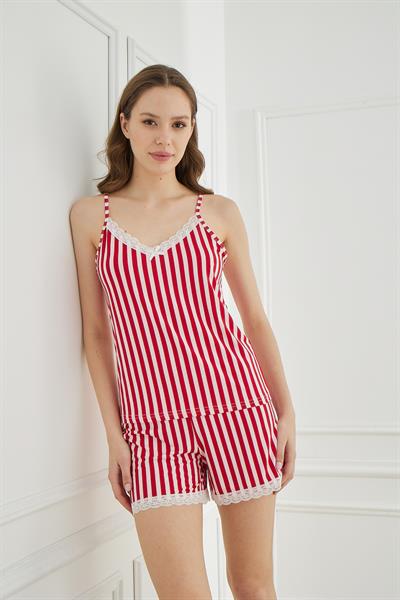 Kadın Dikey Çizgili Dantel Detay İp Askılı Şort Takım | Kırmızı 50115-205