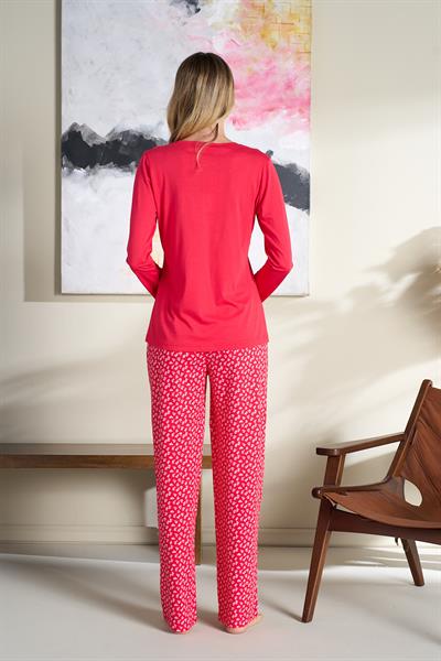 Kadın Desenli Modal Önü Patlı Pijama Takım | Kırmızı 3193