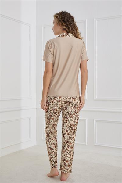 Kadın Desenli Önden Düğmeli Polo Yaka Pijama Takım | Kahverengi 30101-959