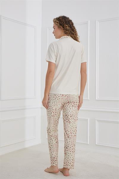 Kadın Desenli Önden Düğmeli Polo Yaka Pijama Takım | Ekru 30101-958