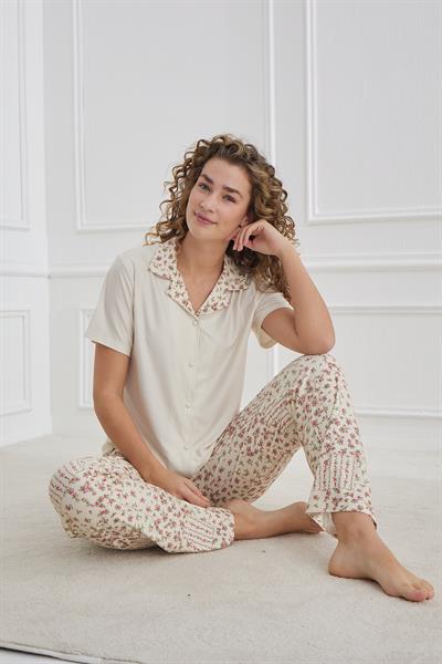 Kadın Desenli Önden Düğmeli Polo Yaka Pijama Takım | Ekru 30101-958