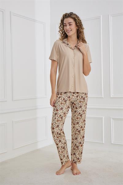 Kadın Desenli Önden Düğmeli Polo Yaka Pijama Takım | Kahverengi 30101-959