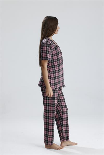 Kadın Önden Düğmeli Pijama Takım Ekose Pembe
