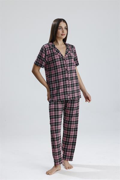 Kadın Önden Düğmeli Pijama Takım Ekose Pembe