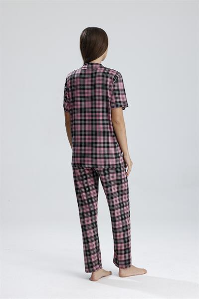Kadın Önden Düğmeli Pijama Takım Ekose Pembe