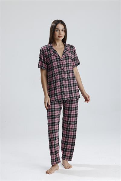 Kadın Önden Düğmeli Pijama Takım Ekose Pembe