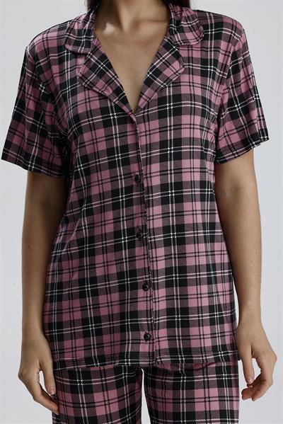 Kadın Önden Düğmeli Pijama Takım Ekose Pembe