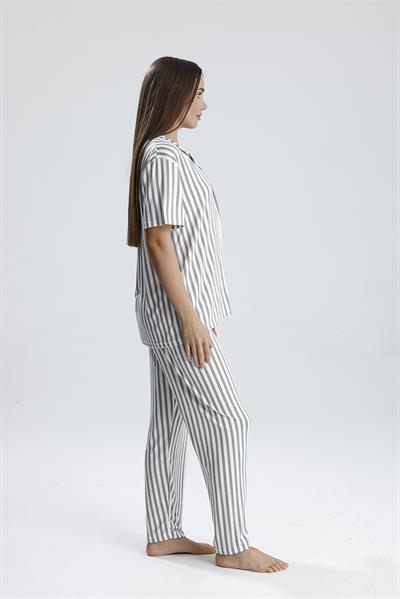 Kadın Düğmeli Kısa Kollu Dikey Çizgili Pijama Takım | Gri 