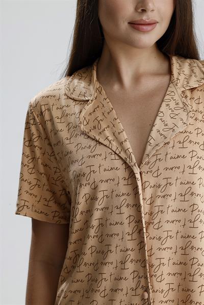 Kadın Yazı Detaylı Kısa Kollu Pijama Takım | Latte Paris 