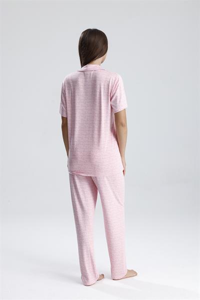 Kadın Yazı Detaylı Kısa Kollu Pijama Takım | Pembe Paris