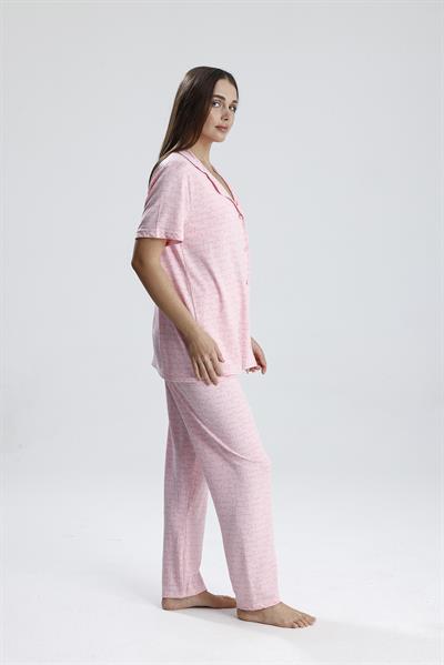 Kadın Yazı Detaylı Kısa Kollu Pijama Takım | Pembe Paris