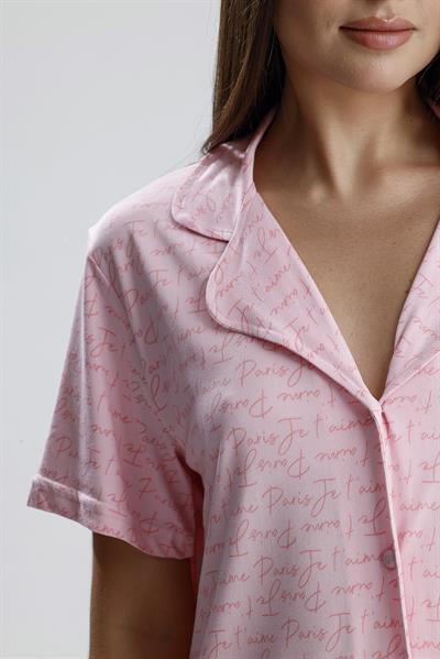 Kadın Yazı Detaylı Kısa Kollu Pijama Takım | Pembe Paris