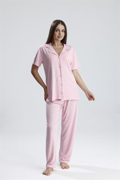 Kadın Yazı Detaylı Kısa Kollu Pijama Takım | Pembe Paris