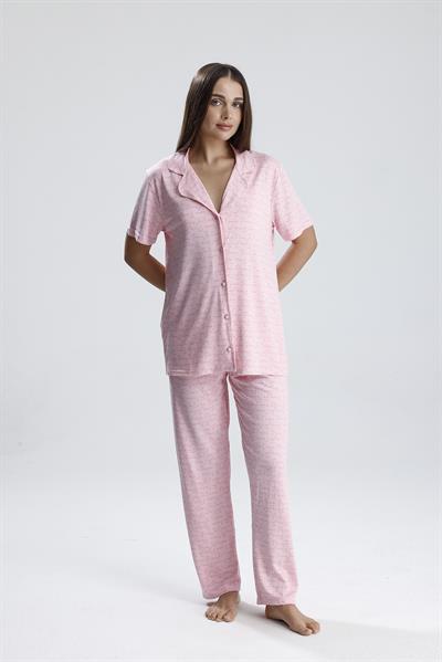Kadın Yazı Detaylı Kısa Kollu Pijama Takım | Pembe Paris