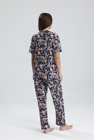Kadın Düğmeli  Şal Desen Kısa Kollu Pijama Takım 