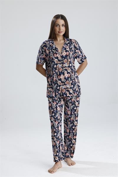 Kadın Düğmeli  Şal Desen Kısa Kollu Pijama Takım 
