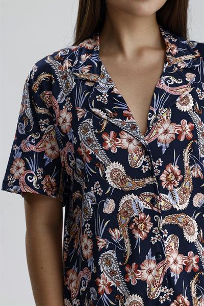 Kadın Düğmeli  Şal Desen Kısa Kollu Pijama Takım 