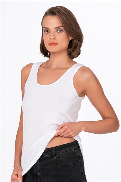 Kadın Pamuklu Ribana Esnek Biyeli Kalın Askılı Örme Atlet Beyaz | K0111