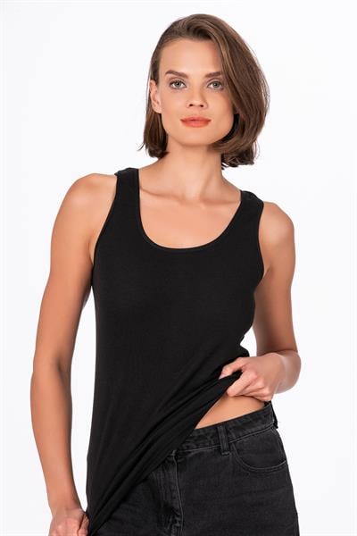 Kadın Pamuklu Ribana Esnek Biyeli Kalın Askılı Örme Atlet Siyah | K0111