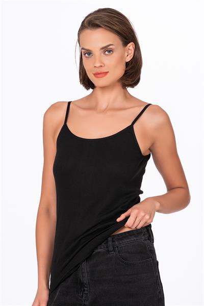 Kadın Pamuklu Ribana Esnek İp Askılı Örme Atlet | Siyah K0107