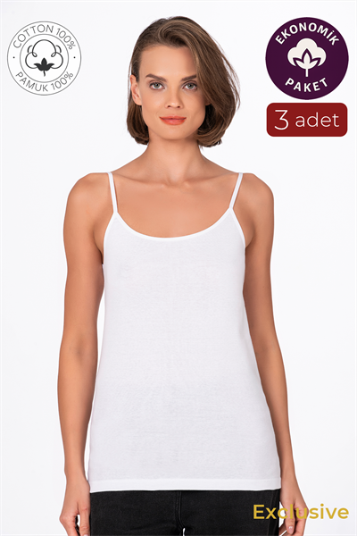 Kadın Pamuklu Ribana İp Askılı Klasik Atlet 3lü Paket – Esnek & Rahat | Beyaz K0107