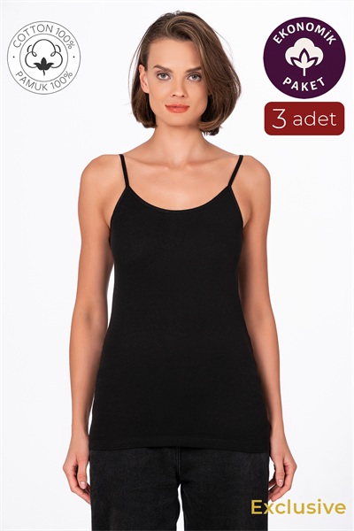 Kadın Pamuklu Ribana İp Askılı Klasik Atlet 3lü Paket – Esnek & Rahat | Siyah K0107