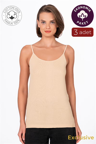 Kadın Pamuklu Ribana İp Askılı Klasik Atlet 3lü Paket – Esnek & Rahat | Ten K0107