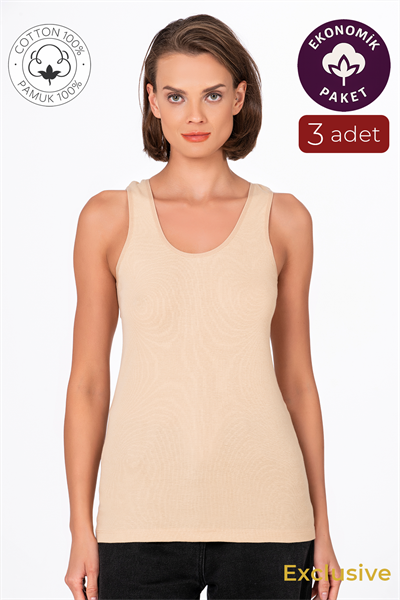 Kadın Pamuklu Ribana Kalın Askılı Atlet 3lü Paket | Ten K0111