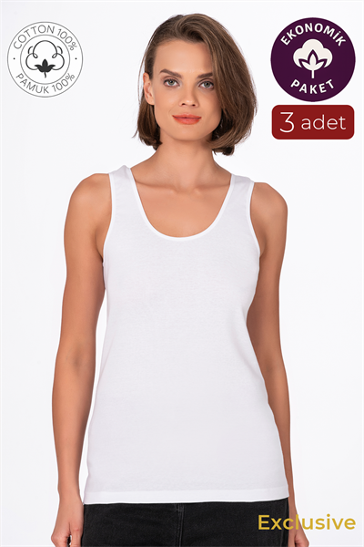 Kadın Pamuklu Ribana Kalın Askılı Atlet 3lü Paket | Beyaz K0111