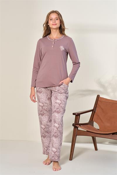 Kadın Penye Süprem Battal Önü Patlı Pijama Takımı | Açık Kahverengi 3129