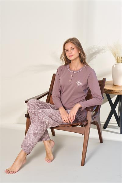 Kadın Penye Süprem Battal Önü Patlı Pijama Takımı | Açık Kahverengi 3129