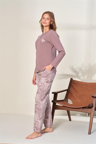 Kadın Penye Süprem Battal Önü Patlı Pijama Takımı | Açık Kahverengi 3129
