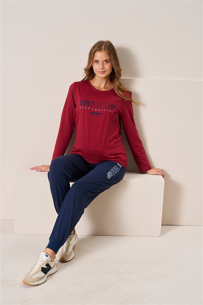 Kadın Penye Süprem Bisiklet Yaka Pijama Takım | Bordo 3198