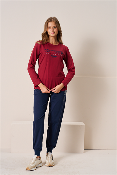 Kadın Penye Süprem Bisiklet Yaka Pijama Takım | Bordo 3198