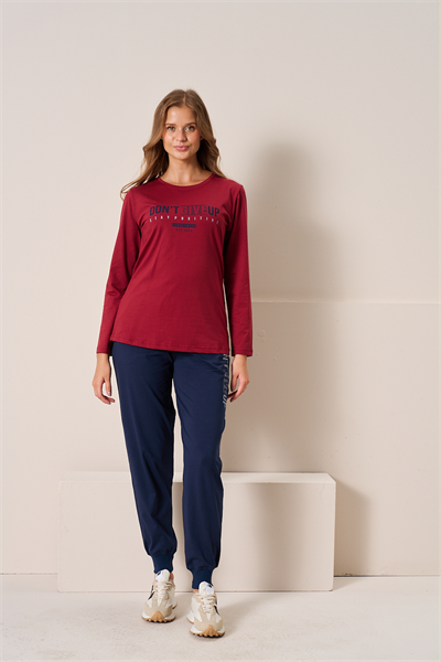 Kadın Penye Süprem Bisiklet Yaka Pijama Takım | Bordo 3198