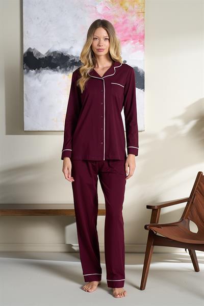 Kadın Penye Süprem Önden Düğmeli Pijama Takımı | Bordo 3102