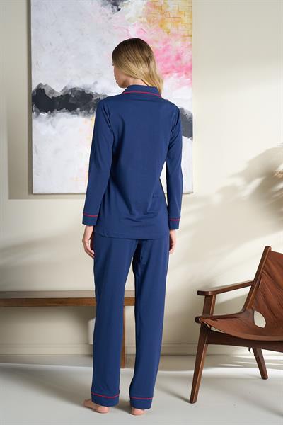 Kadın Penye Süprem Önden Düğmeli Pijama Takımı | Lacivert 3105
