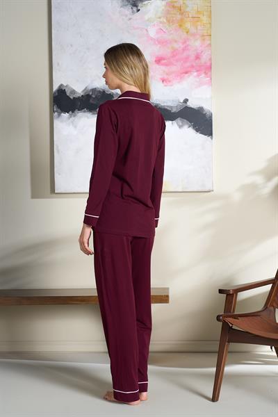 Kadın Penye Süprem Önden Düğmeli Pijama Takımı | Bordo 3102