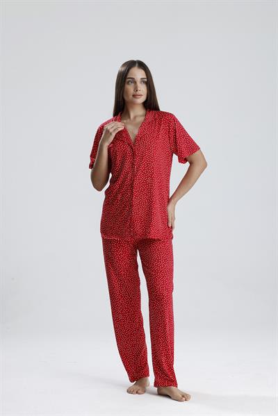 Kadın Düğmeli Puantiye Desen Kısa Kollu Pijama Takım | Kırmızı