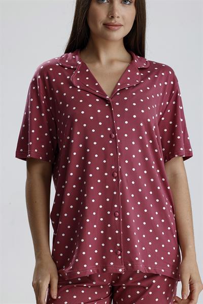 Kadın Düğmeli Puantiye Desen Kısa Kollu Pijama Takım | Mürdüm