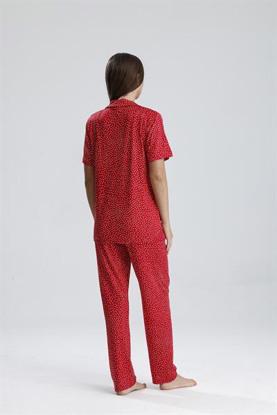 Kadın Düğmeli Puantiye Desen Kısa Kollu Pijama Takım | Kırmızı
