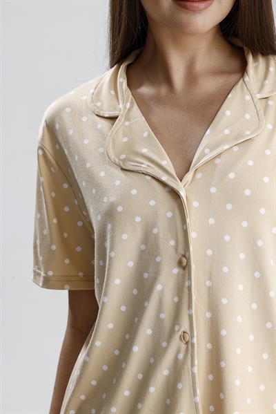 Kadın Düğmeli Puantiye Desen Kısa Kollu Pijama Takım | Bej