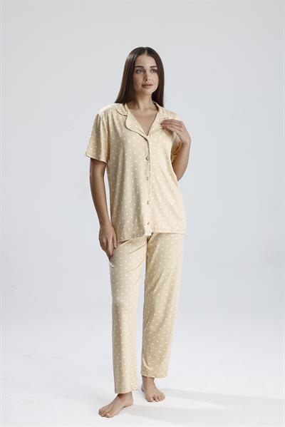 Kadın Düğmeli Puantiye Desen Kısa Kollu Pijama Takım | Bej