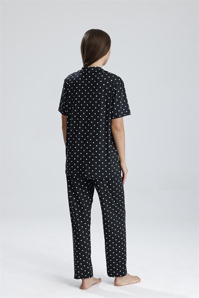 Kadın Düğmeli Puantiye Desen Kısa Kollu Pijama Takım | Siyah 