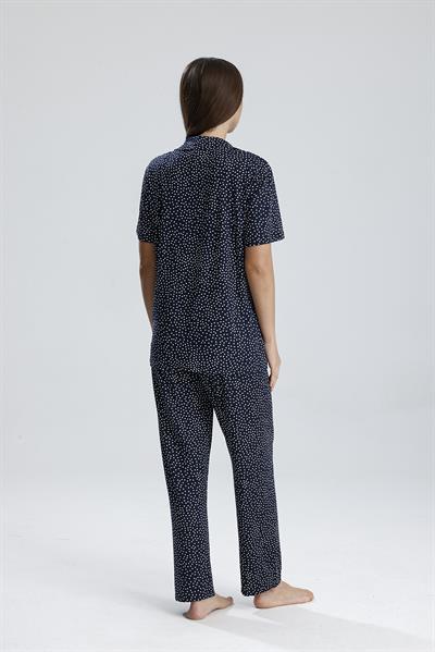 Kadın Düğmeli Puantiye Desen Kısa Kollu Pijama Takım | Lacivert