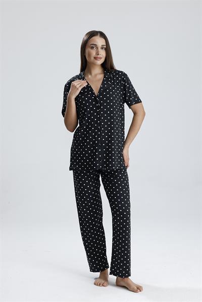 Kadın Düğmeli Puantiye Desen Kısa Kollu Pijama Takım | Siyah 