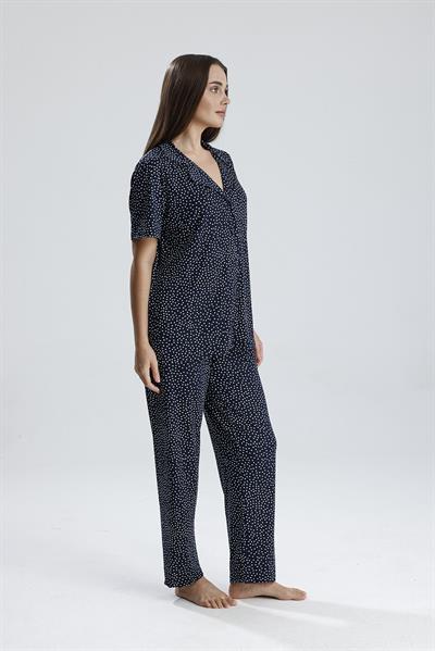 Kadın Düğmeli Puantiye Desen Kısa Kollu Pijama Takım | Lacivert