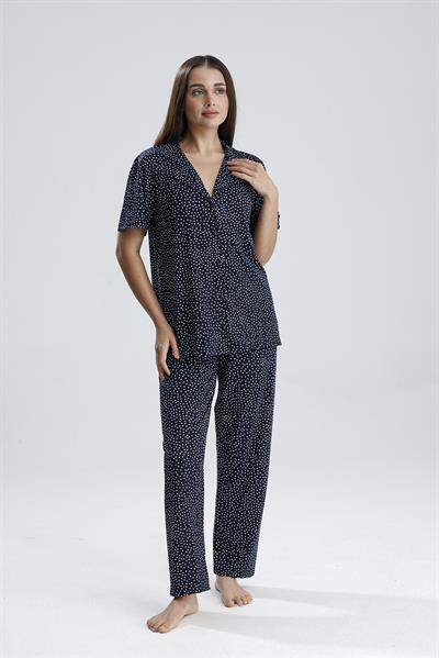 Kadın Düğmeli Puantiye Desen Kısa Kollu Pijama Takım | Lacivert